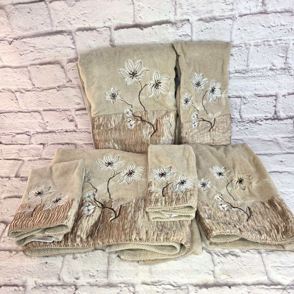Croscill Magnolia Bath Towel 6-Piece Set Beige Embroidered Floral 100% Cotton